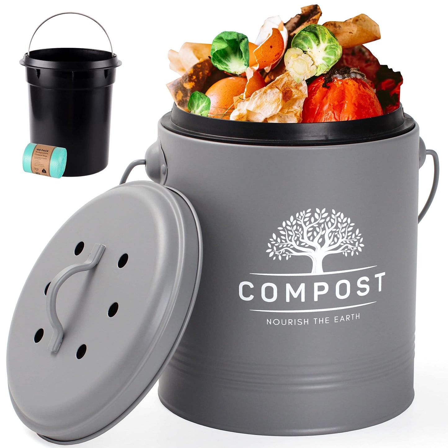 Perfnique Kitchen Compost Bin, 1.3 Gallon Countertop Compost Bin with Lid, Indoor Compost Bucket Includes Inner Bucket Liner and Carbon Filter, Small Compost Bin with Trash Bags (with Bags, Black)