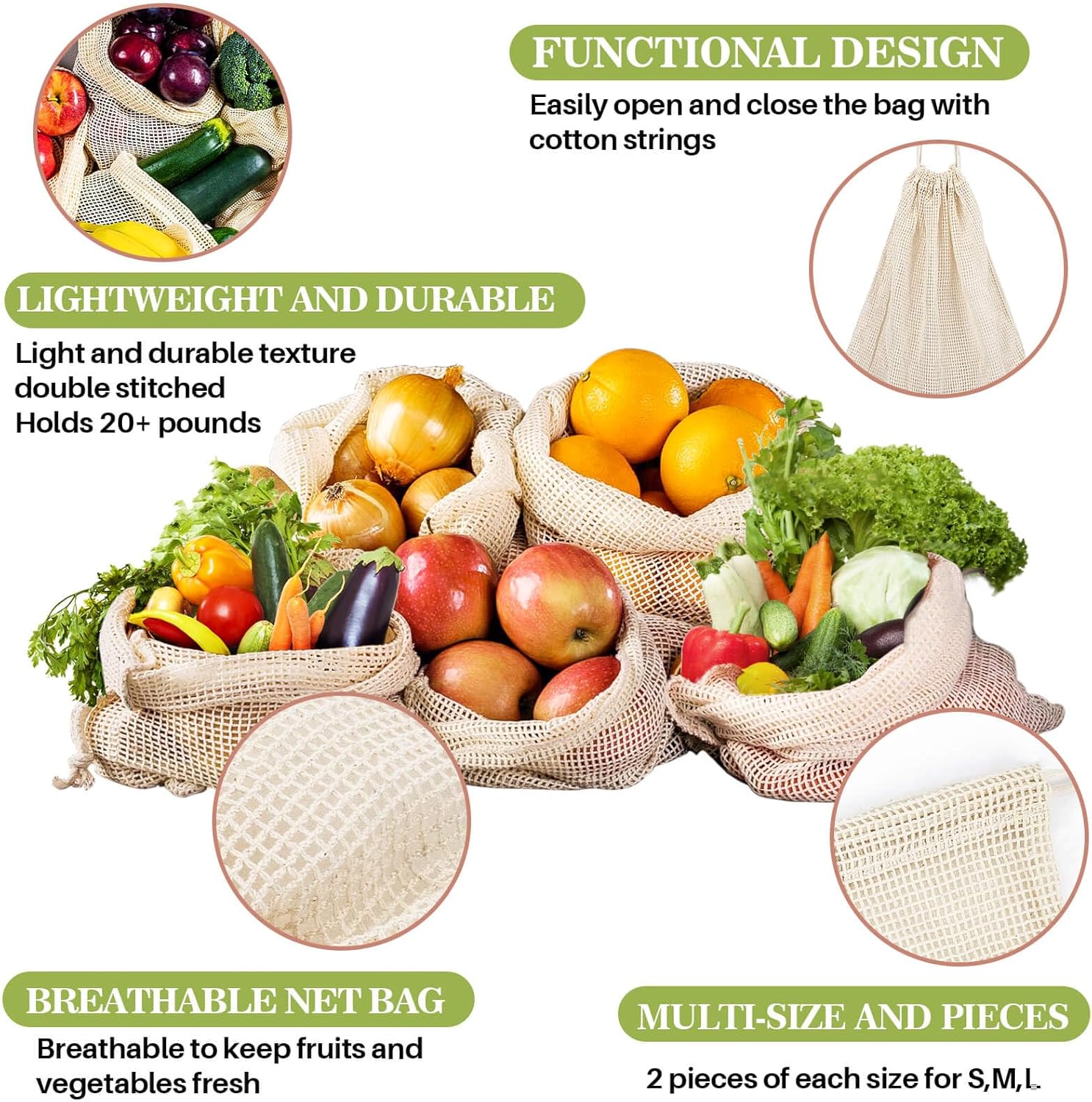 6 Pack Reusable Produce Bags Cotton Mesh Produce Bags Mesh Storage Produce Bags Reusable Durable Double Stitched With Drawstring Produce Bag For Vegetables,Fruit & Grocery Shopping (2L,2M,2S)