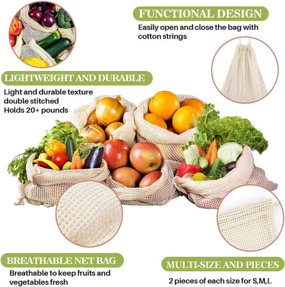 6 Pack Reusable Produce Bags Cotton Mesh Produce Bags Mesh Storage Produce Bags Reusable Durable Double Stitched With Drawstring Produce Bag For Vegetables,Fruit & Grocery Shopping (2L,2M,2S)