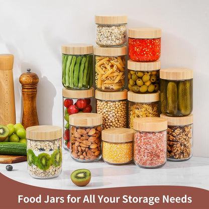 DRKIO 10 Oz Overnight Oats Containers with Bamboo Lids - 4 Pack Glass Storage Jars with Airtight Lids Wide Mouth Mason Food Jars Great for Meal Prep Salad Chia Pudding Snacks Yogurt Sugar Spice