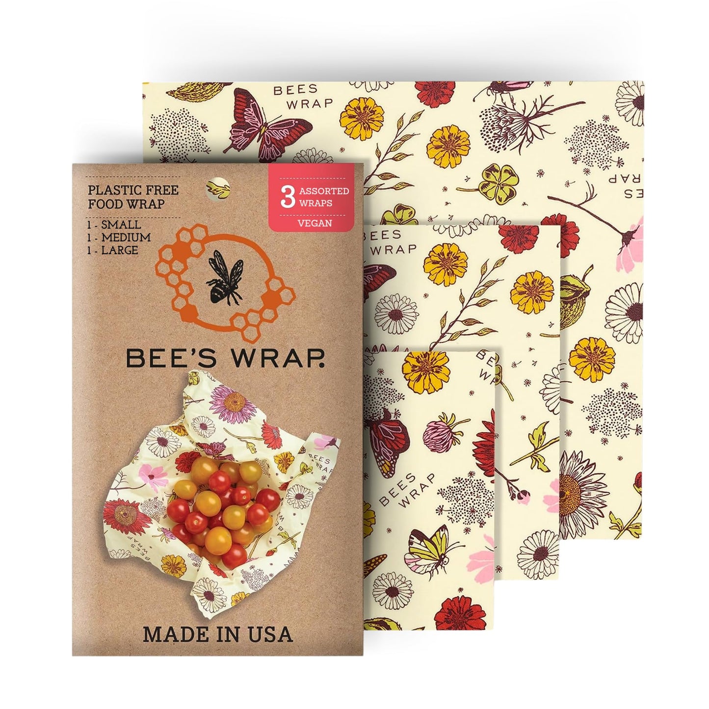 Bee's Wrap Beeswax Wraps for Food - Honeycomb 3 Pack (S, M, L) Made in USA Reusable & Organic Food Wraps, Sandwich Wrap & Bowl Covers - Eco-Friendly Alternative to Aluminum Foil & Plastic Wrap