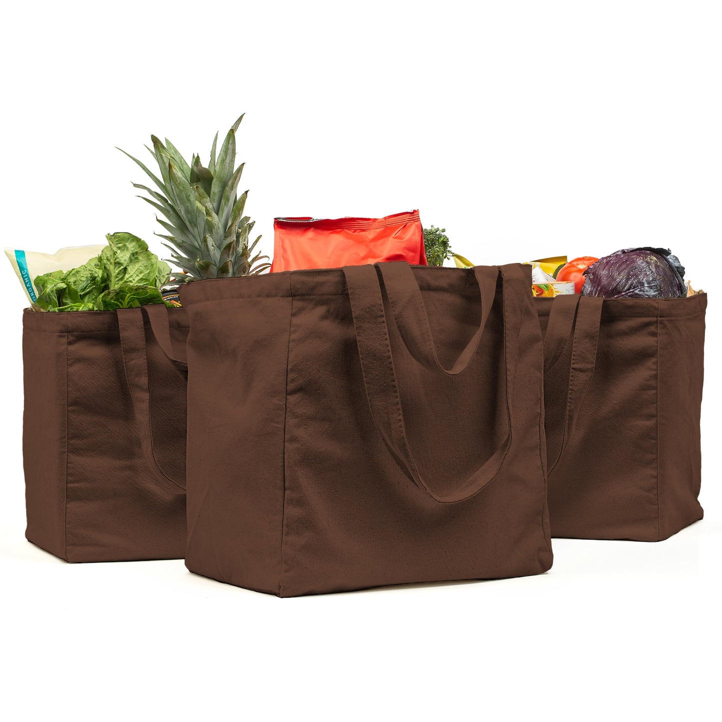 VeraMia Canvas Grocery Bag 3pc XL Set with Real Pockets, Long Shoulder Strap and Short Handle. Heavy Duty, Foldable, Washable