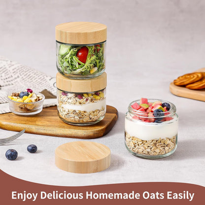 DRKIO 10 Oz Overnight Oats Containers with Bamboo Lids - 4 Pack Glass Storage Jars with Airtight Lids Wide Mouth Mason Food Jars Great for Meal Prep Salad Chia Pudding Snacks Yogurt Sugar Spice