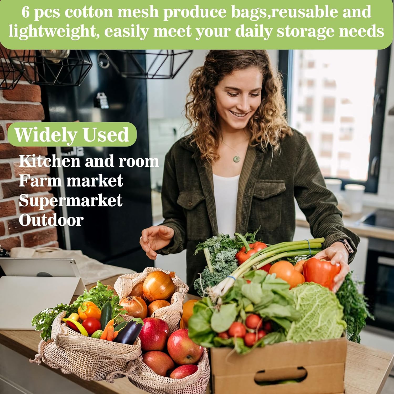 6 Pack Reusable Produce Bags Cotton Mesh Produce Bags Mesh Storage Produce Bags Reusable Durable Double Stitched With Drawstring Produce Bag For Vegetables,Fruit & Grocery Shopping (2L,2M,2S)