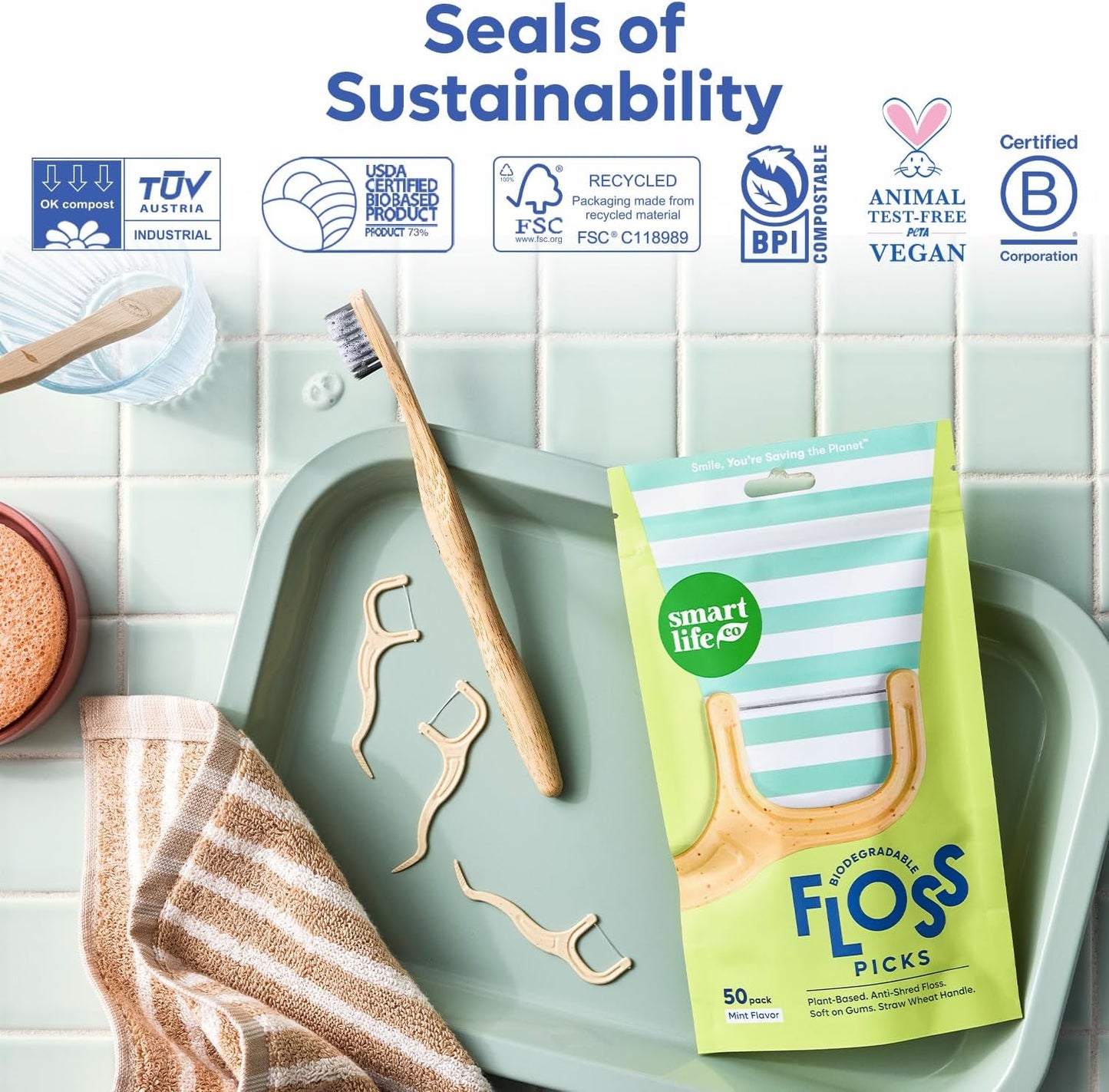 SmartLifeco Eco-Friendly Dental Floss Picks (100ct) - Flossers Made with Straw Wheat, Superior Anti-Shred Thread for Tight Gaps, Tooth Pick Stick for Adults, Soft on Gum & Teeth, Vegan, Mint