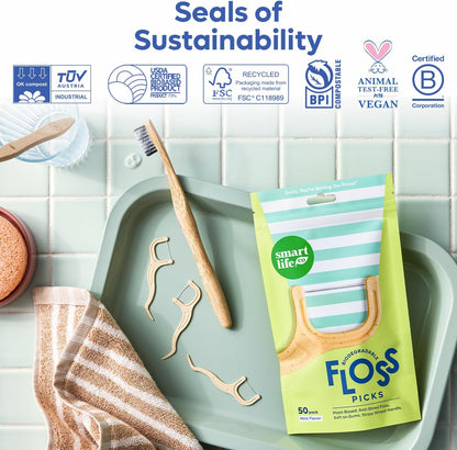 SmartLifeco Eco-Friendly Dental Floss Picks (100ct) - Flossers Made with Straw Wheat, Superior Anti-Shred Thread for Tight Gaps, Tooth Pick Stick for Adults, Soft on Gum & Teeth, Vegan, Mint