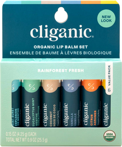 Cliganic Organic Lip Balm Set - 6 Tropical Flavors - 100% Natural Moisturizer for Cracked & Dry Lips