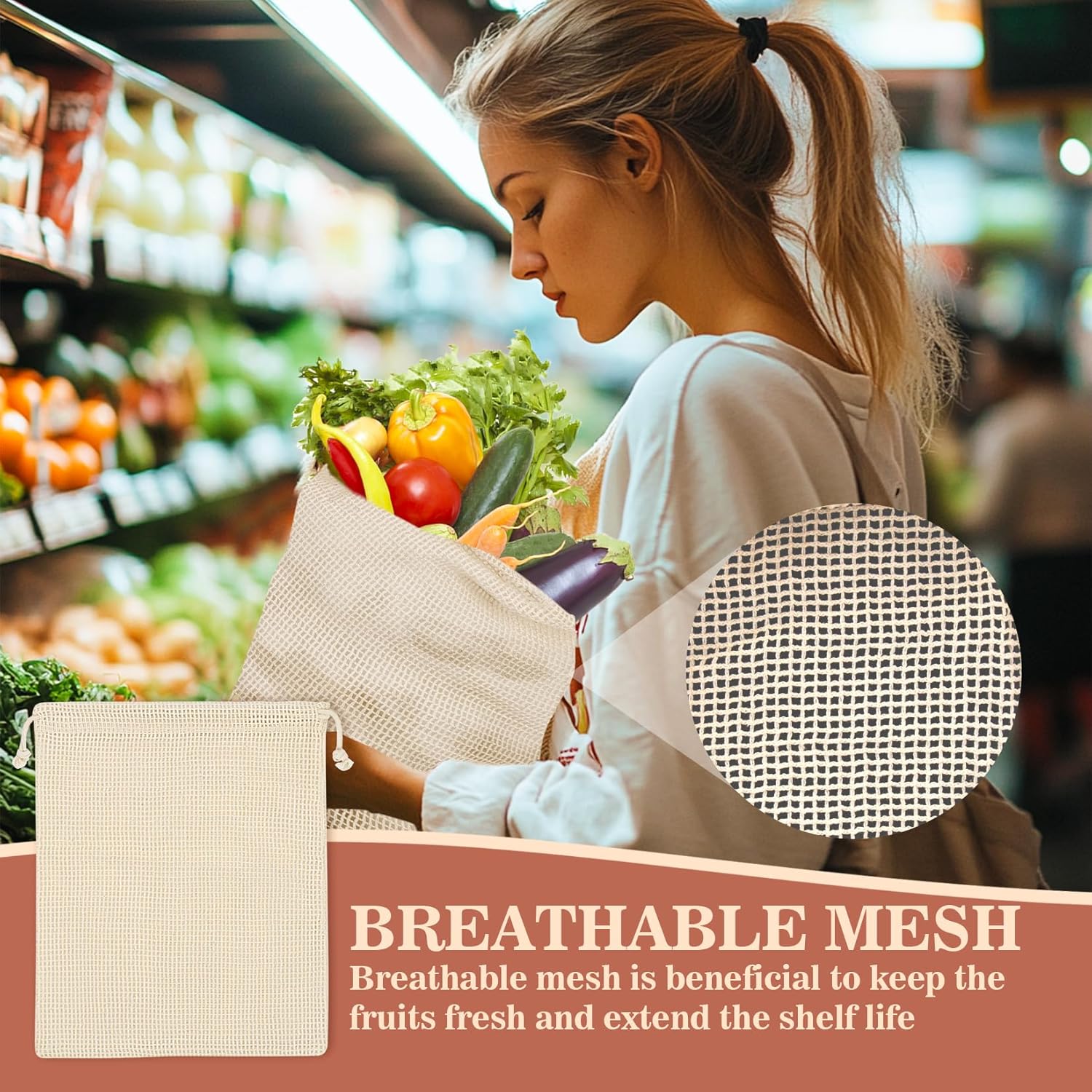 6 Pack Reusable Produce Bags Cotton Mesh Produce Bags Mesh Storage Produce Bags Reusable Durable Double Stitched With Drawstring Produce Bag For Vegetables,Fruit & Grocery Shopping (2L,2M,2S)
