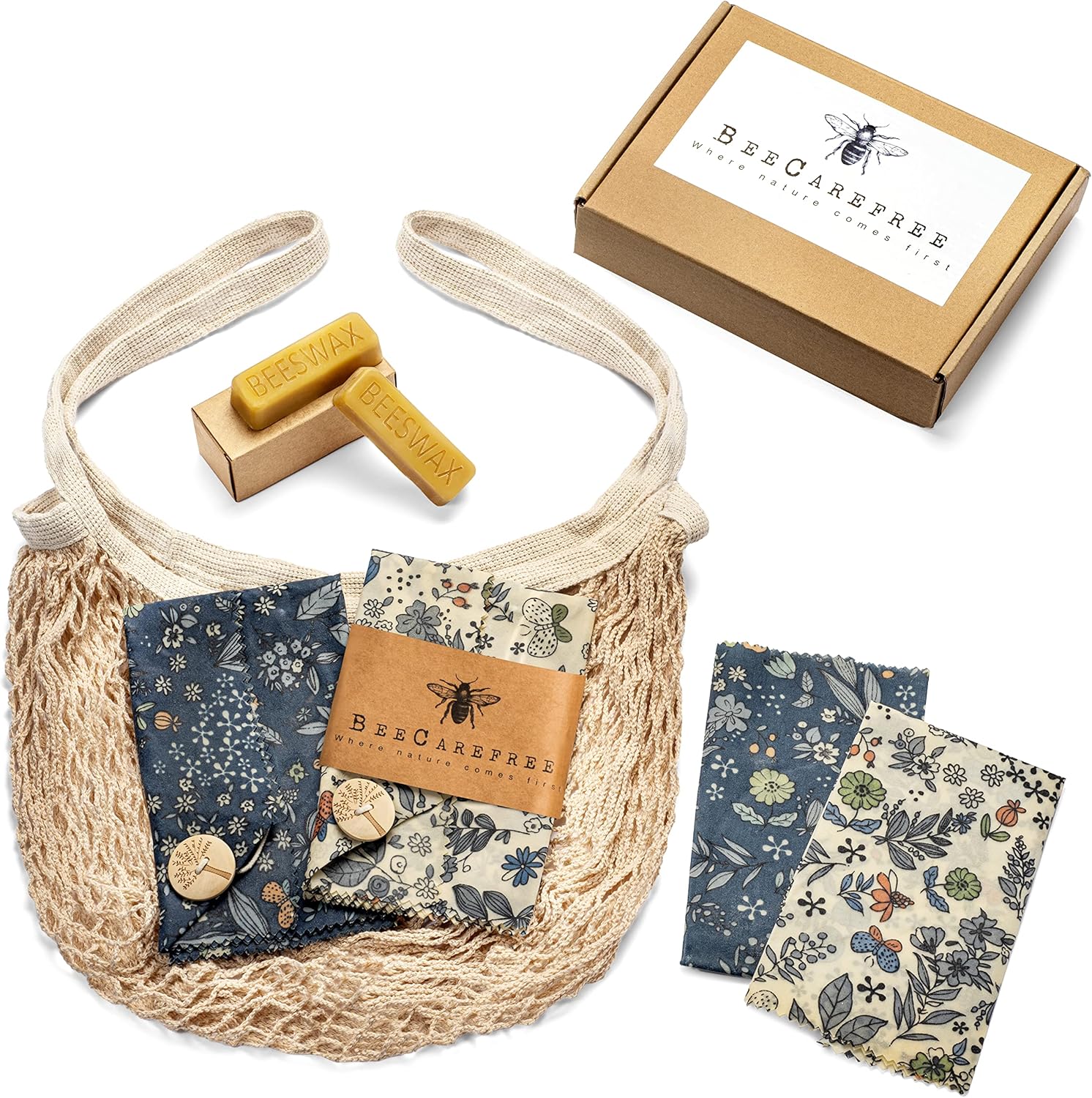 4-Pack Reusable Beeswax Wraps with Produce Bag & 2 Beeswax Bars