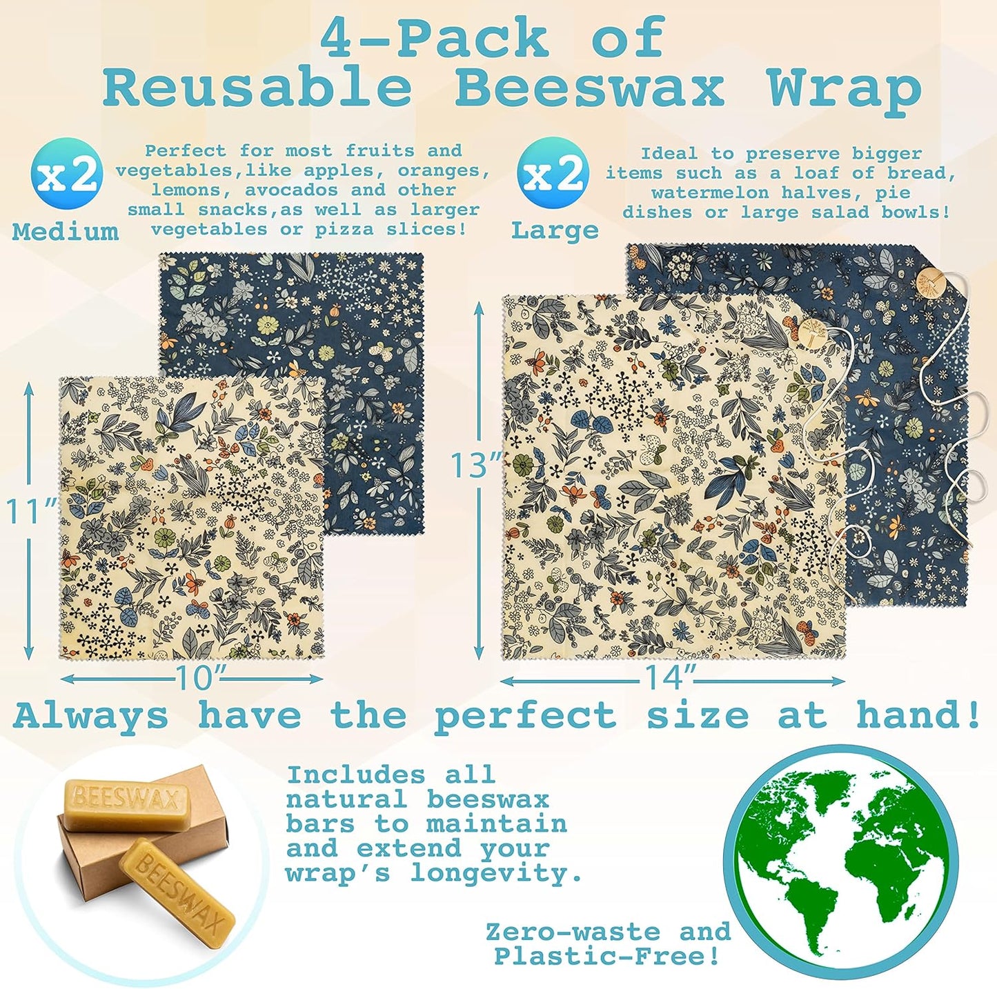 4-Pack Reusable Beeswax Wraps with Produce Bag & 2 Beeswax Bars
