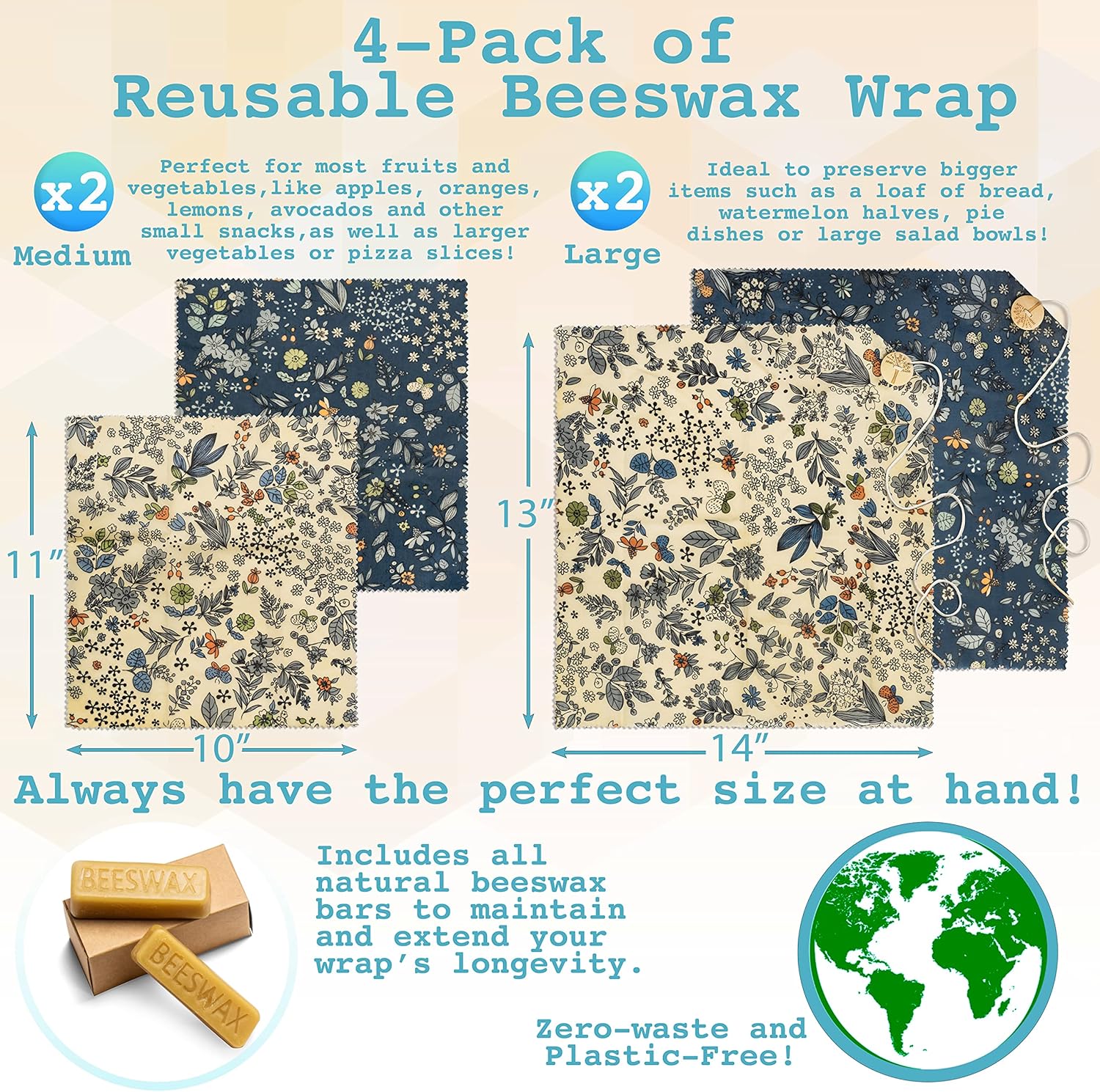 4-Pack Reusable Beeswax Wraps with Produce Bag & 2 Beeswax Bars