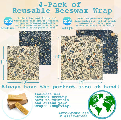 4-Pack Reusable Beeswax Wraps with Produce Bag & 2 Beeswax Bars
