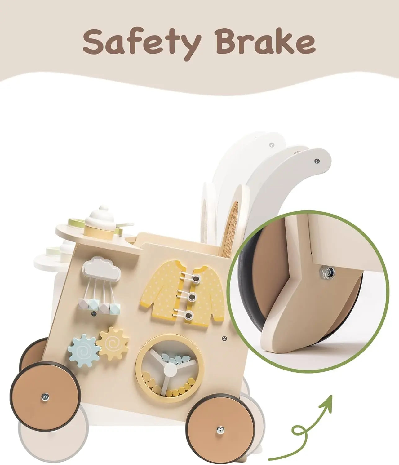 Wooden Baby Walker & Doll Stroller – Push Toy with Safety Brake for 10+ Months