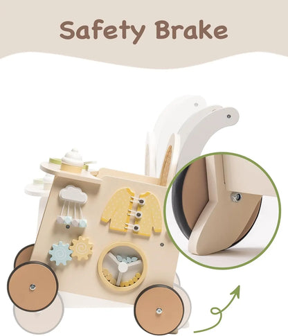 Wooden Baby Walker & Doll Stroller – Push Toy with Safety Brake for 10+ Months