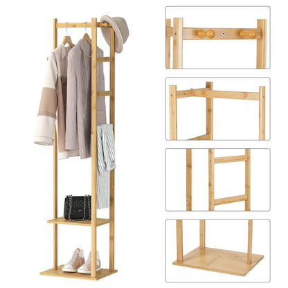 Bamboo Clothes Rack with Shoe Shelf & Hooks – Freestanding Garment Hanger Organizer