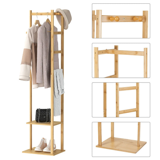 Bamboo Clothes Rack with Shoe Shelf & Hooks – Freestanding Garment Hanger Organizer