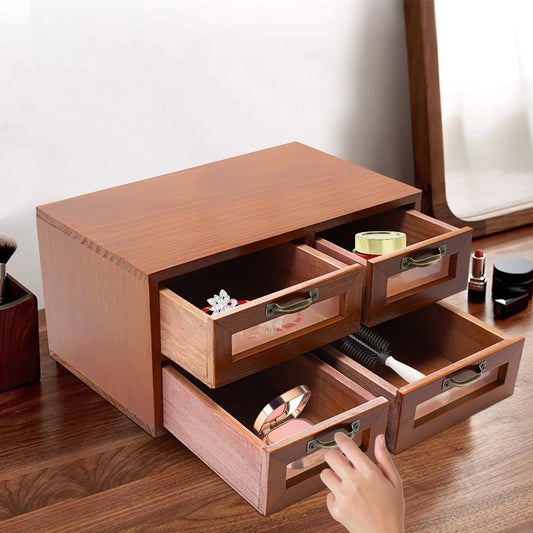 Retro Wood 4-Drawer Desk Organizer Cabinet for Jewelry, Makeup & More