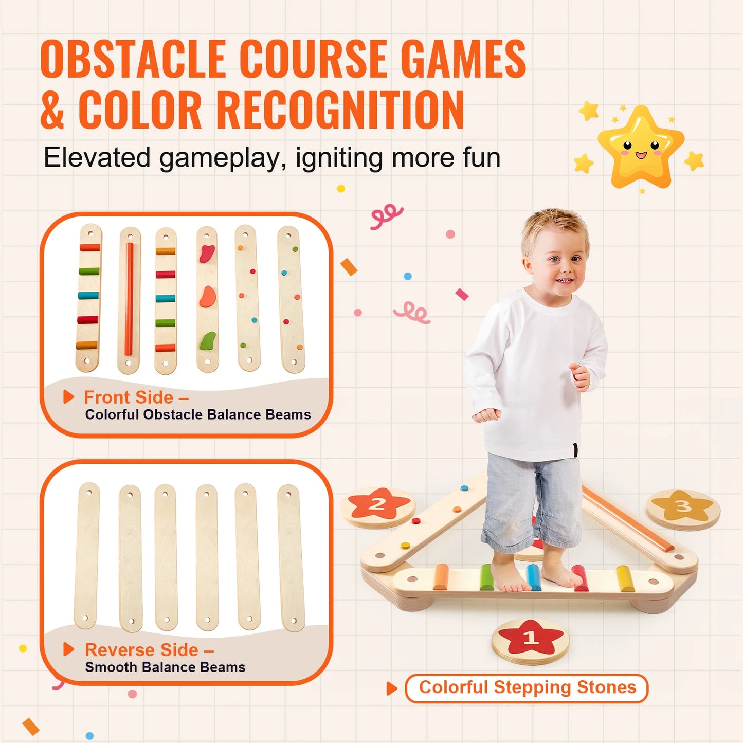 6-Piece Wooden Balance Beam Stepping Stones, Indoor/Outdoor Montessori Toy for Kids