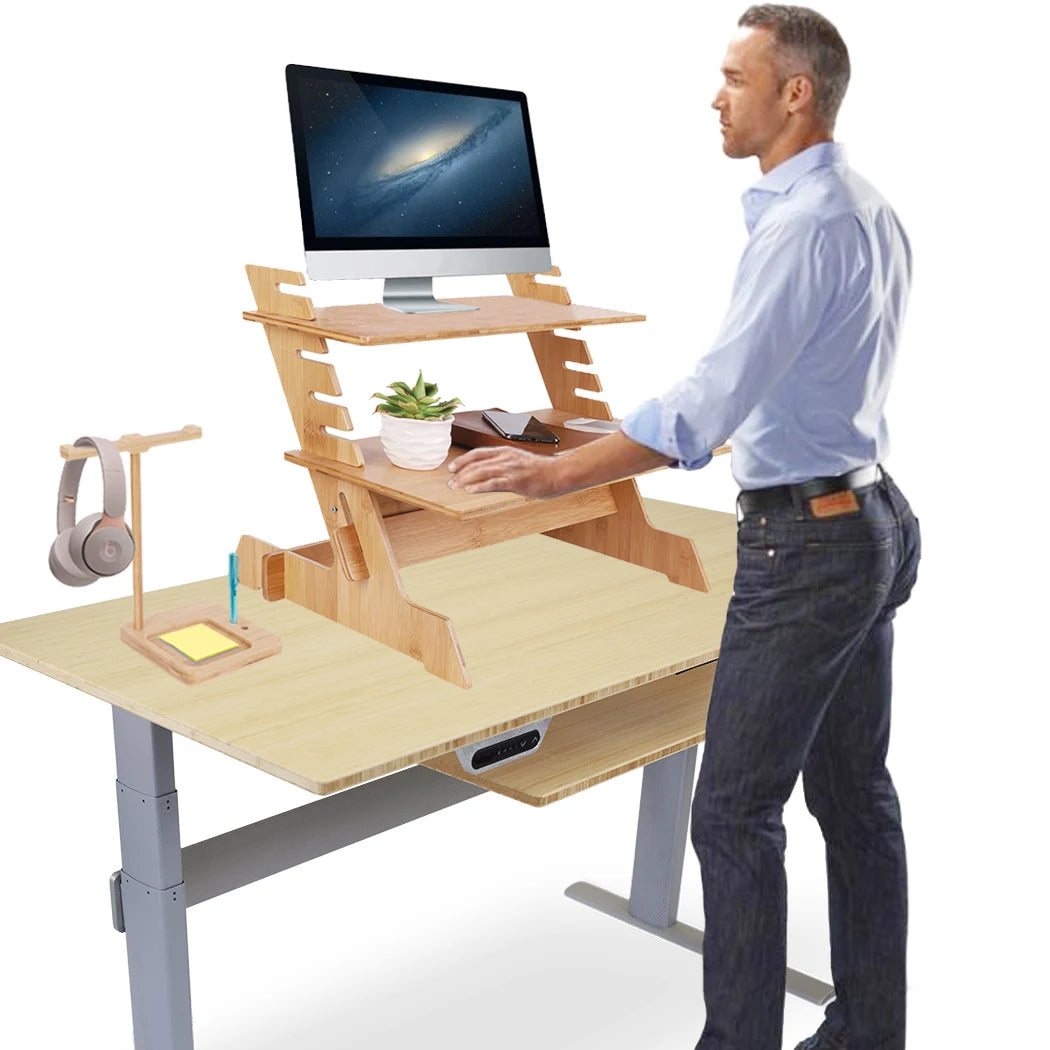 Bamboo Computer Desk Monitor Riser Stand Steady Up Laptop Workstation Height Adjustable