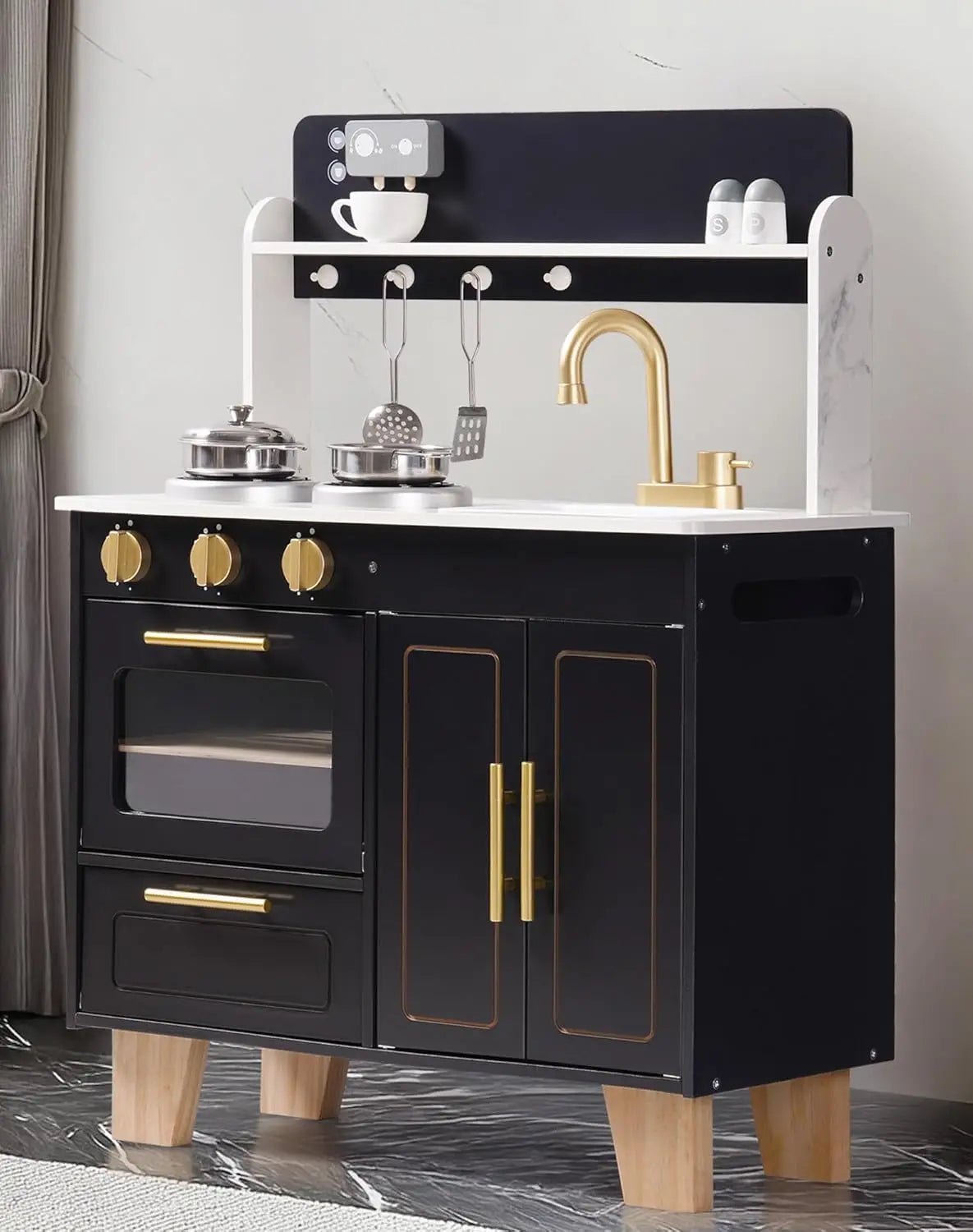 Kids Wooden Play Kitchen, Modern Toy Kitchen with Marble Countertop for Toddlers