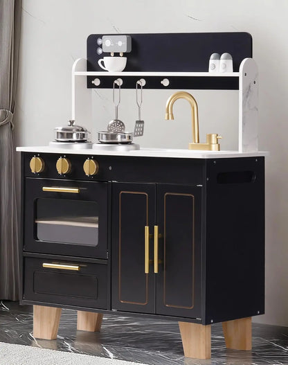 Kids Wooden Play Kitchen, Modern Toy Kitchen with Marble Countertop for Toddlers