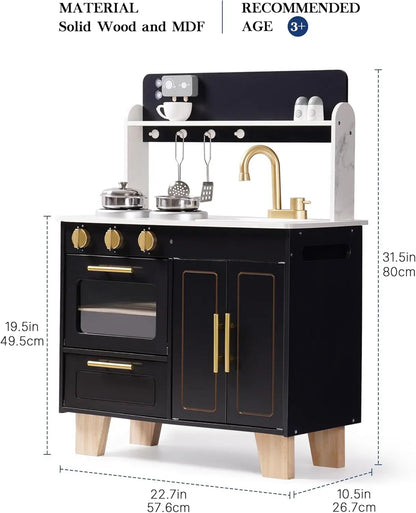 Kids Wooden Play Kitchen, Modern Toy Kitchen with Marble Countertop for Toddlers
