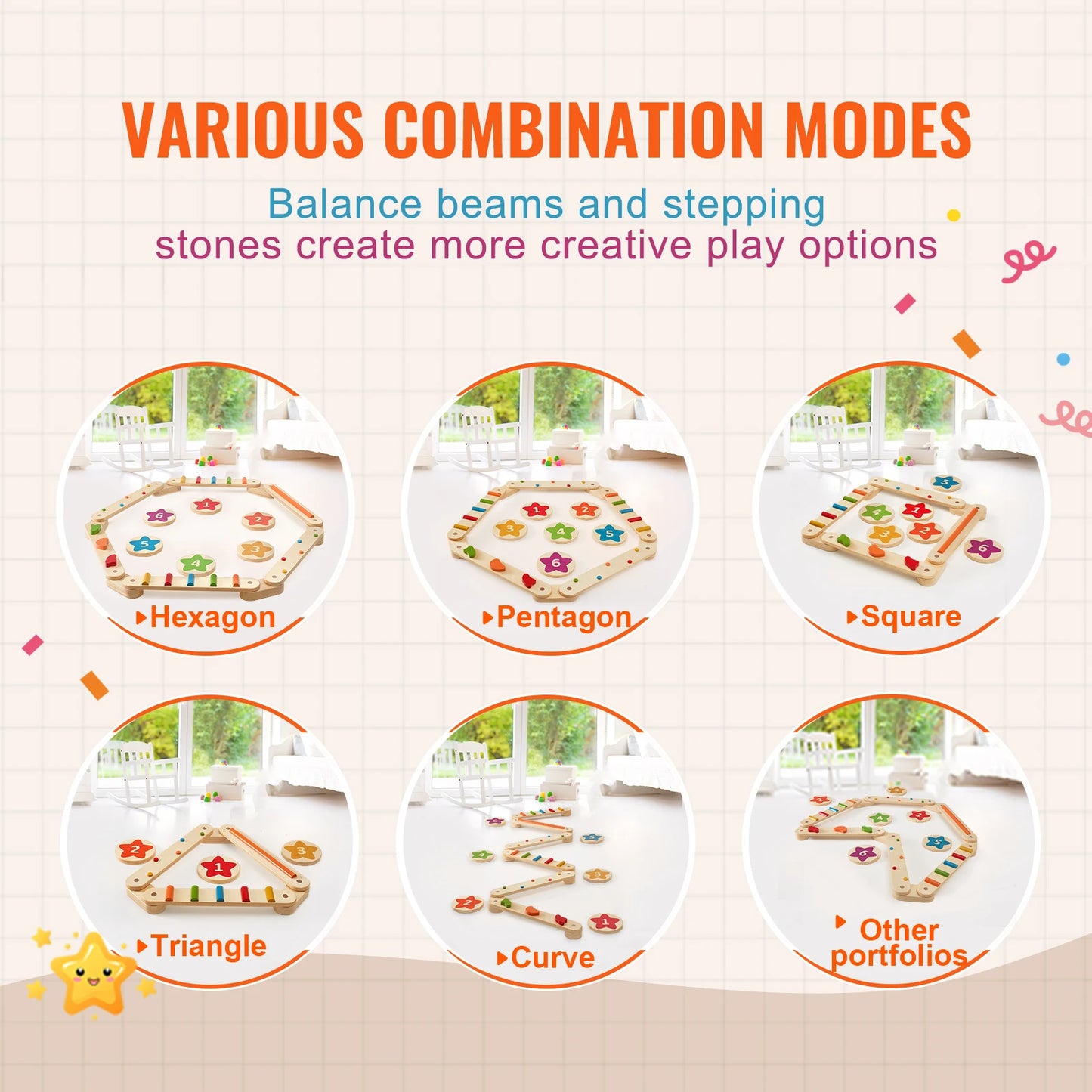 6-Piece Wooden Balance Beam Stepping Stones, Indoor/Outdoor Montessori Toy for Kids