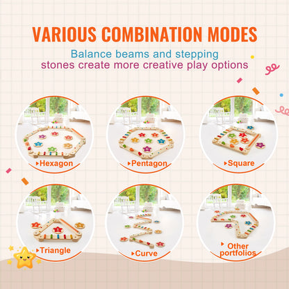 6-Piece Wooden Balance Beam Stepping Stones, Indoor/Outdoor Montessori Toy for Kids