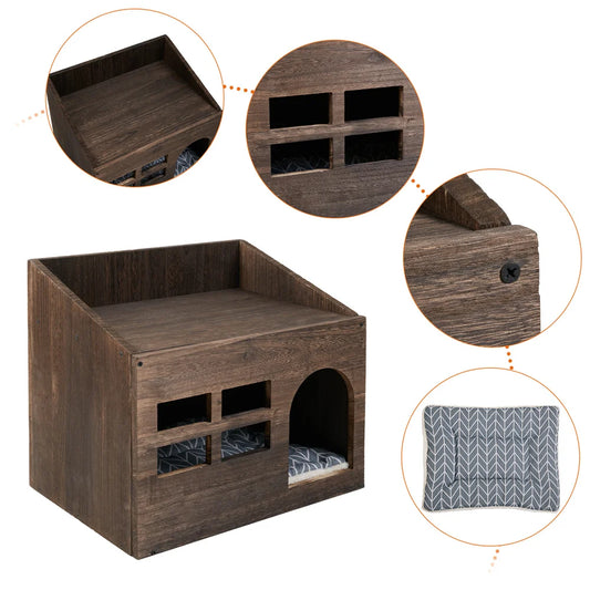 2-in-1 Wooden Pet House & End Table – Hideout for Cats, Puppies & Rabbits with Washable Cushion