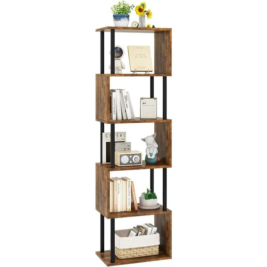 6-Tier Tall Bookshelf, S-Shaped Geometric Bookcase, Wood Display Shelves with Storage for Living Room