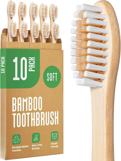 10-Pack Biodegradable Bamboo Toothbrushes, Compostable & Natural Wooden Bristles