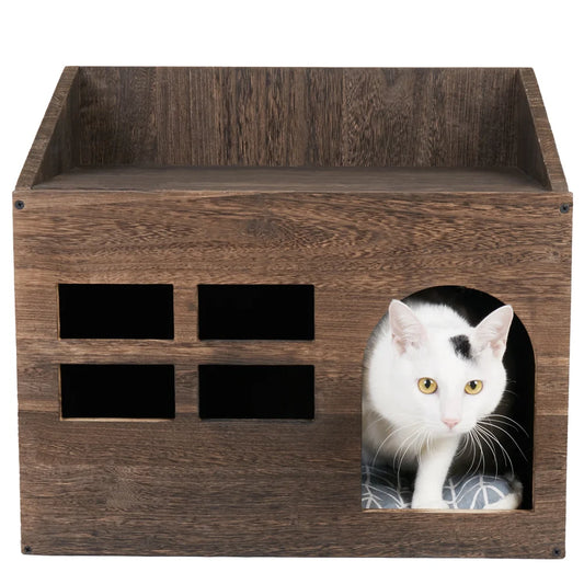 2-in-1 Wooden Pet House & End Table – Hideout for Cats, Puppies & Rabbits with Washable Cushion