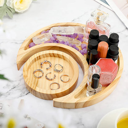 Rustic Wooden Moon & Sun Tray – 24cm Decorative Dish for Desserts, Jewelry & Party Decor