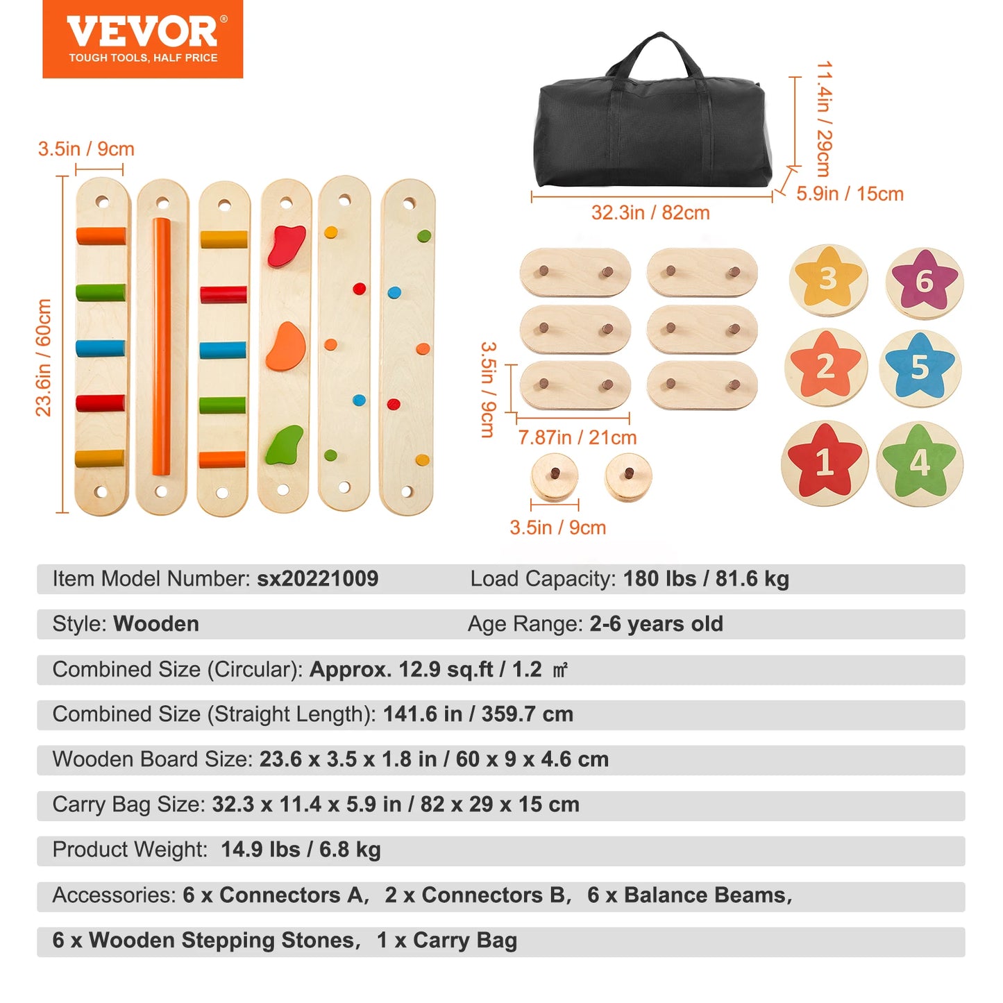 6-Piece Wooden Balance Beam Stepping Stones, Indoor/Outdoor Montessori Toy for Kids