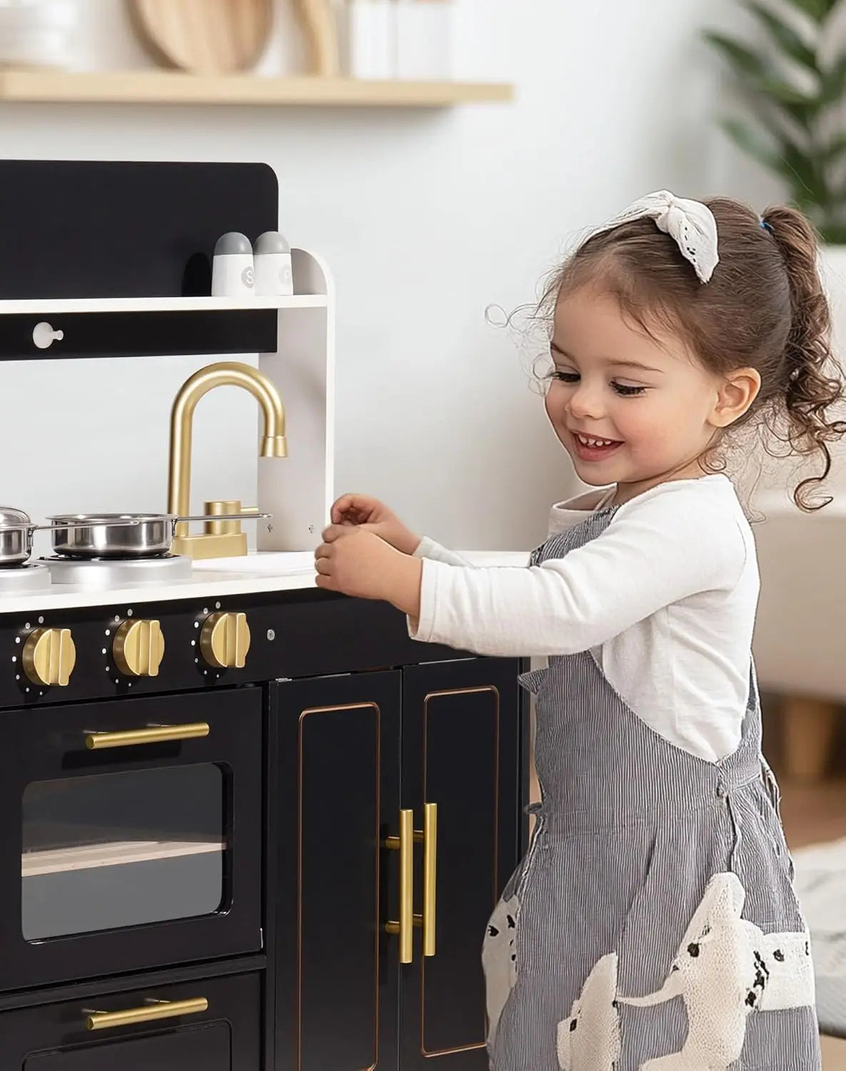 Kids Wooden Play Kitchen, Modern Toy Kitchen with Marble Countertop for Toddlers