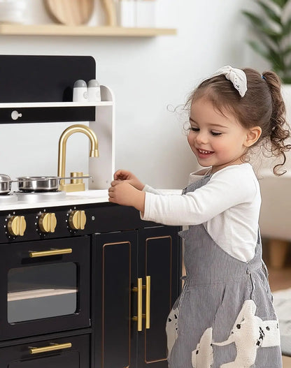 Kids Wooden Play Kitchen, Modern Toy Kitchen with Marble Countertop for Toddlers