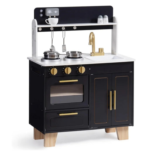 Kids Wooden Play Kitchen, Modern Toy Kitchen with Marble Countertop for Toddlers