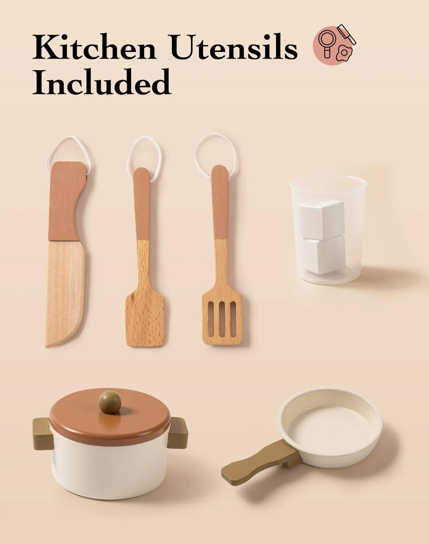 Wooden Play Kitchen for Kids, Pretend Ice Cube Dispenser Toy Kitchen Set