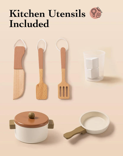 Wooden Play Kitchen for Kids, Pretend Ice Cube Dispenser Toy Kitchen Set