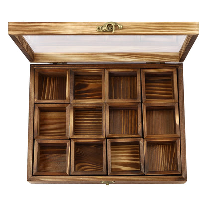 Wooden Spice Box with 12 Removable Compartments, Glass Lid, 1 Wooden Spoon, for Storing Spices or Teas