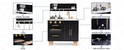 Kids Wooden Play Kitchen, Modern Toy Kitchen with Marble Countertop for Toddlers