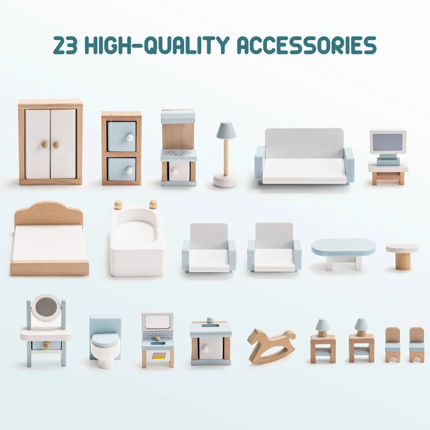Wooden Dollhouse – 6 Rooms, 29 Accessories – Kids Gift for Ages 3+