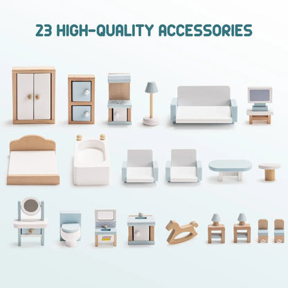Wooden Dollhouse – 6 Rooms, 29 Accessories – Kids Gift for Ages 3+