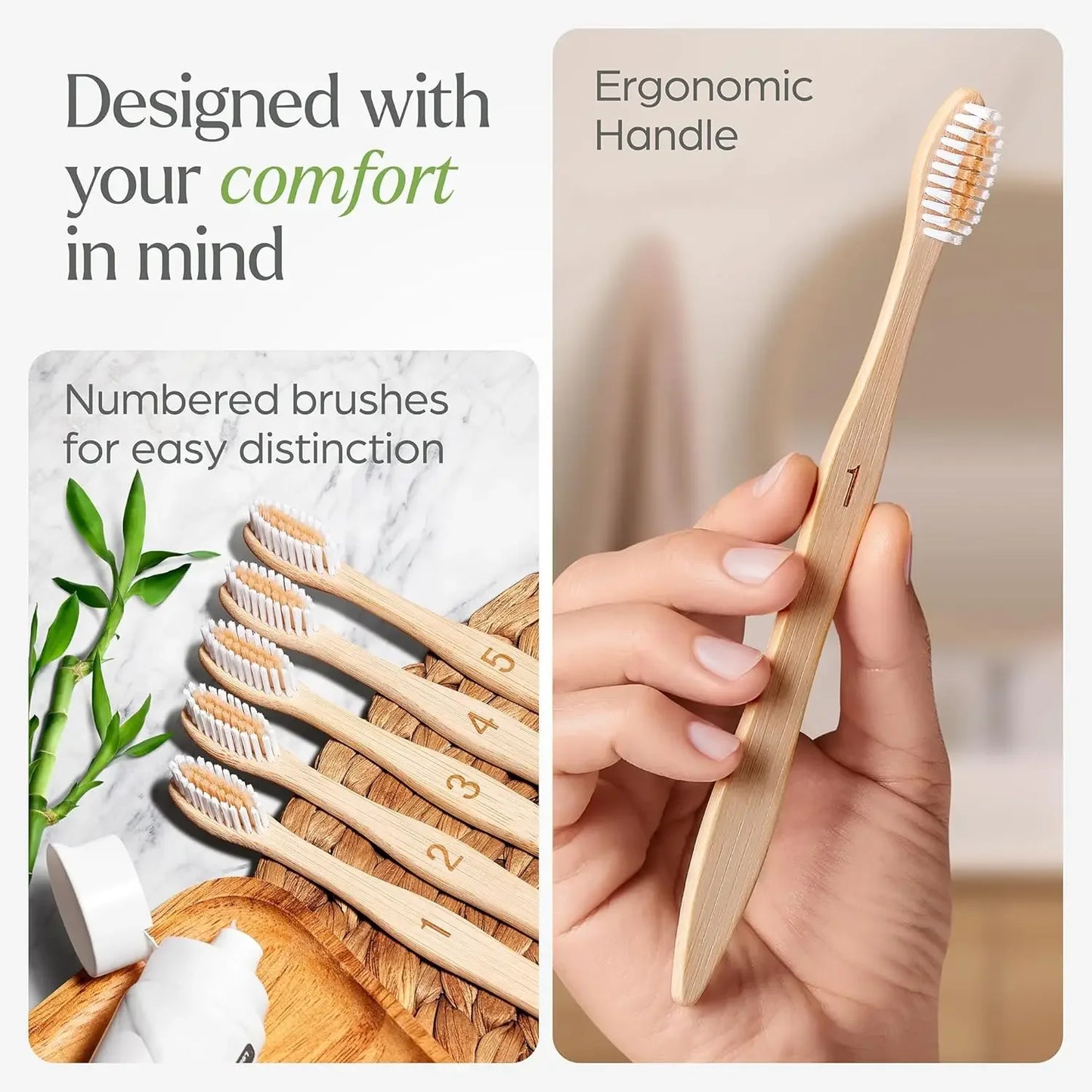 10-Pack Biodegradable Bamboo Toothbrushes, Compostable & Natural Wooden Bristles