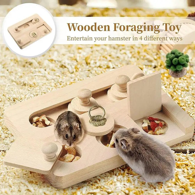 Wooden Foraging Puzzle Feeder – Interactive Toy for Small Pets