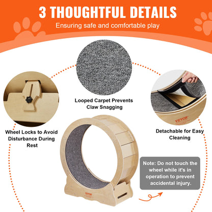 Natural Wood Cat Exercise Wheel Silent Running Pet Fitness Toy with Detachable Carpet