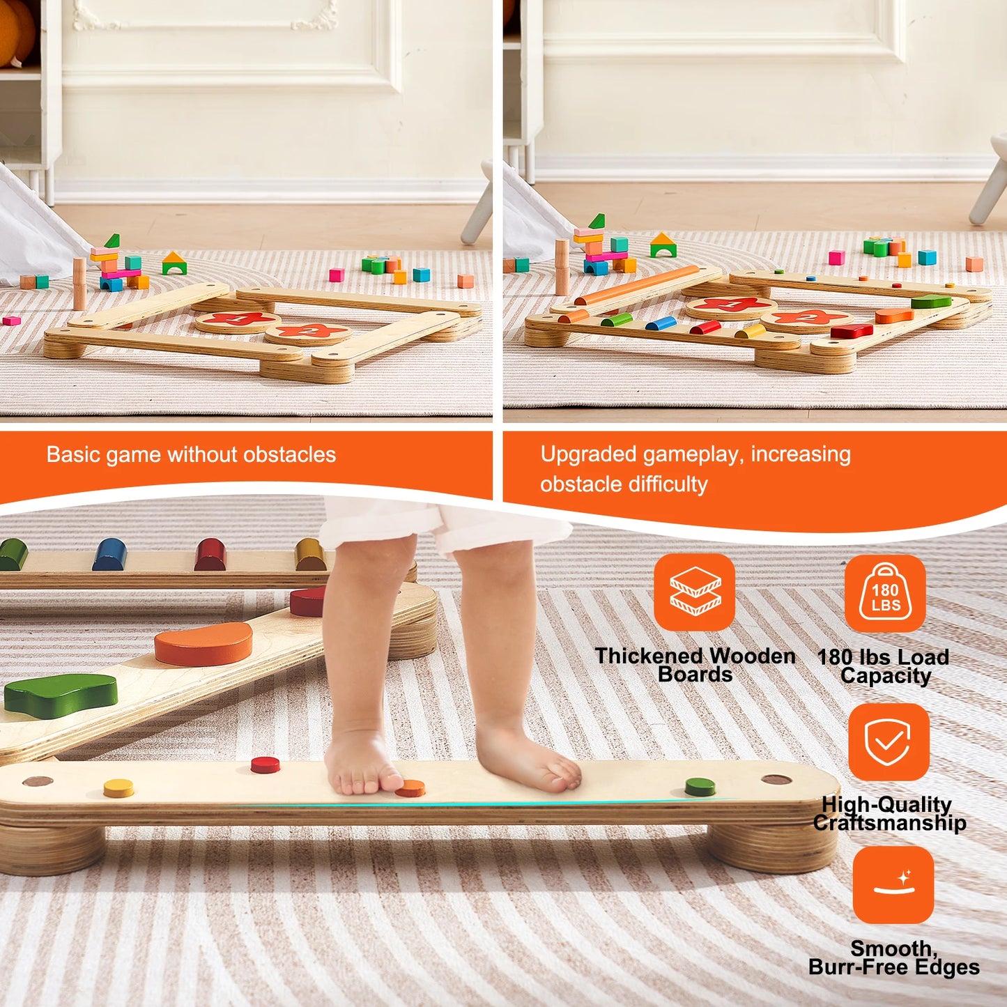 6-Piece Wooden Balance Beam Stepping Stones, Indoor/Outdoor Montessori Toy for Kids
