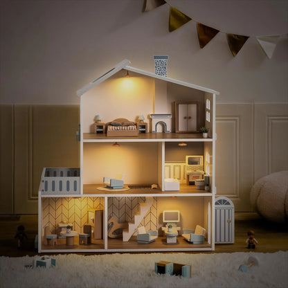 Wooden Dollhouse – 6 Rooms, 29 Accessories – Kids Gift for Ages 3+