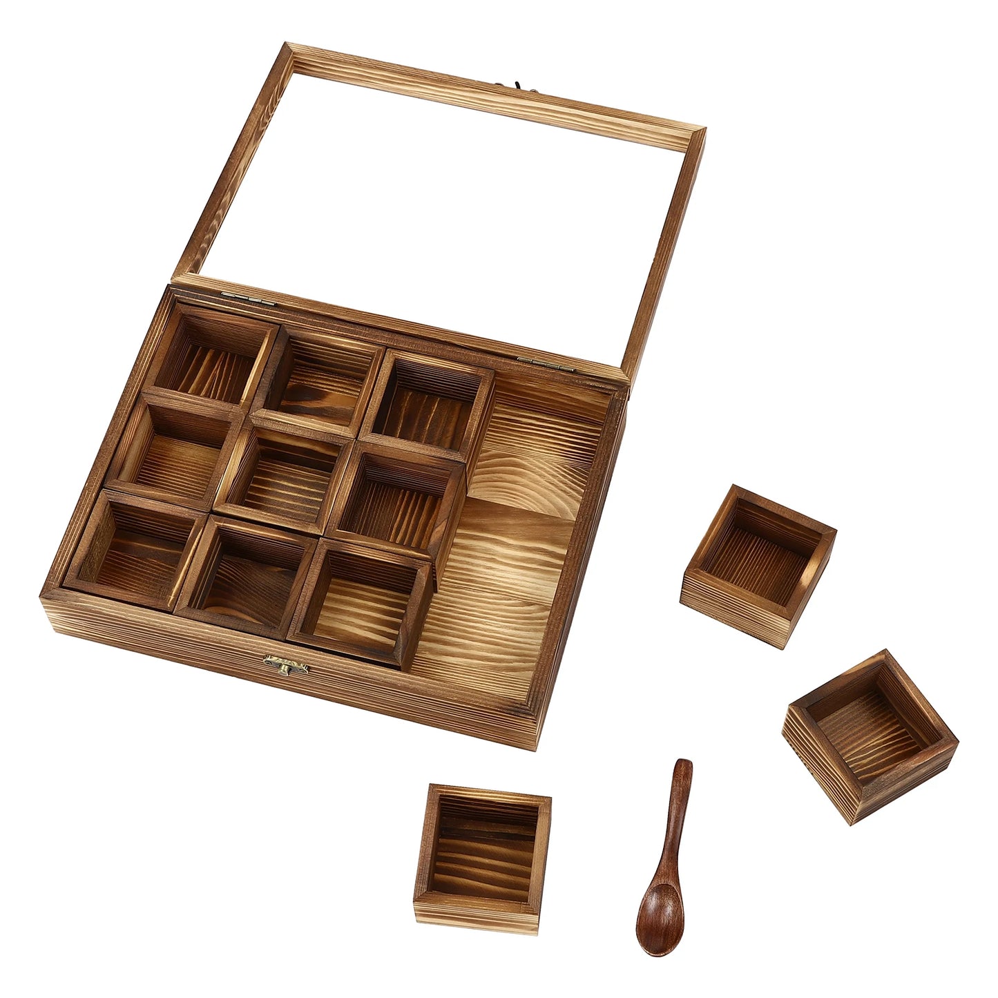 Wooden Spice Box with 12 Removable Compartments, Glass Lid, 1 Wooden Spoon, for Storing Spices or Teas
