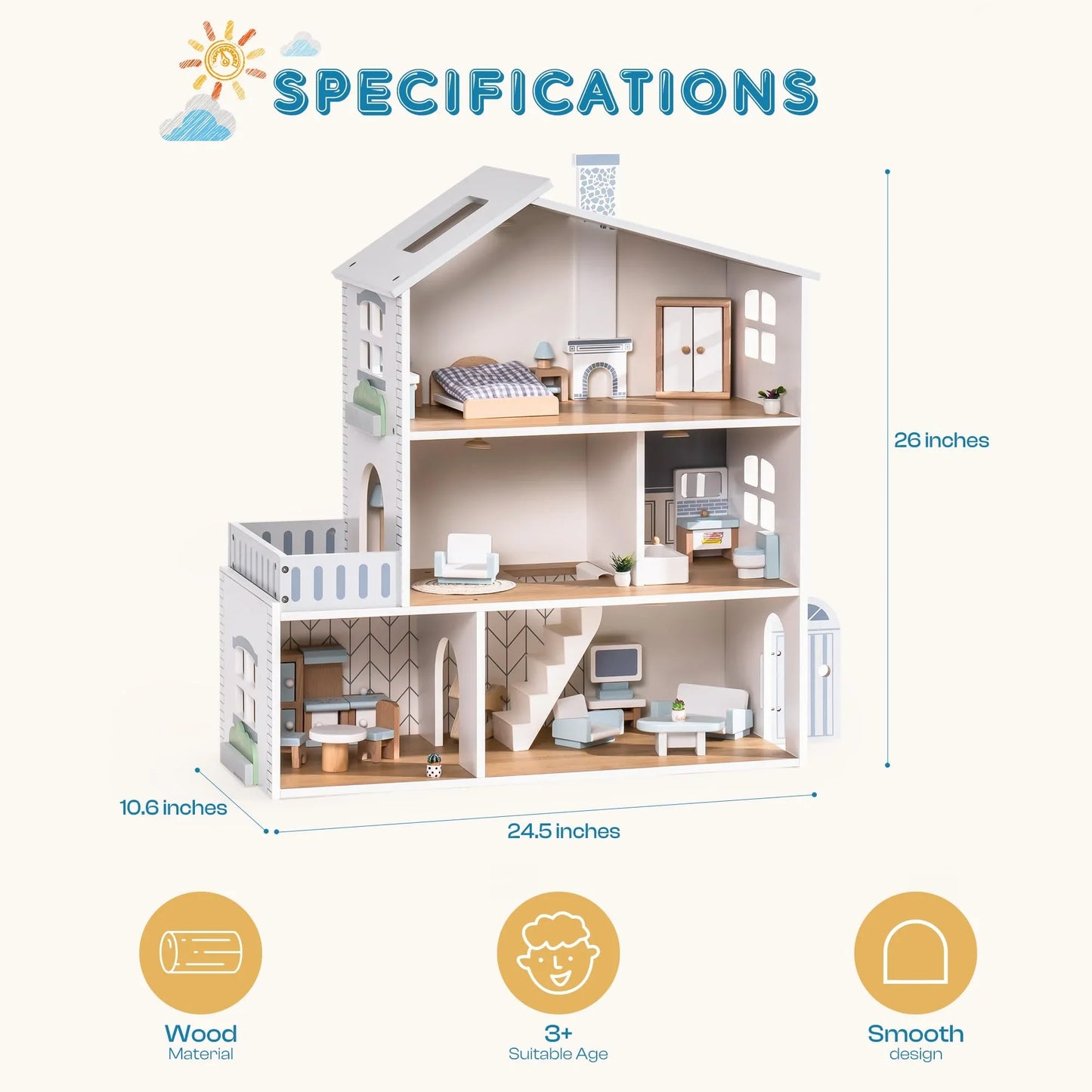 Wooden Dollhouse – 6 Rooms, 29 Accessories – Kids Gift for Ages 3+